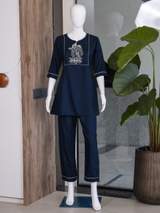 Navy Blue Radha Krishna Embroidered Kurti with Pants Set – view 4