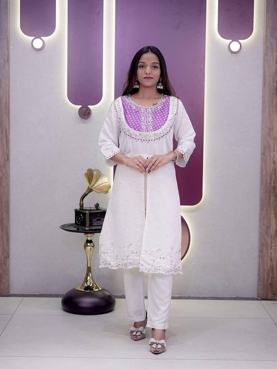 Elegant White & Purple Bandhani Print Kurta with Pant Set for Women