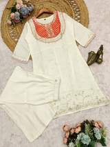 Stunning White & Orange Bandhani Printed Embroidered Kurta with Pant Set for Women
