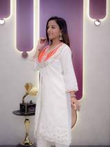 Stunning White & Orange Bandhani Printed Embroidered Kurta with Pant Set for Women – view 7