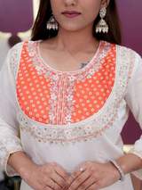 Stunning White & Orange Bandhani Printed Embroidered Kurta with Pant Set for Women – view 4