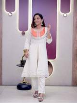 Stunning White & Orange Bandhani Printed Embroidered Kurta with Pant Set for Women – view 5