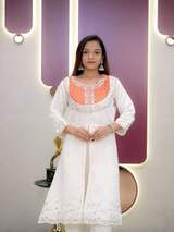 Stunning White & Orange Bandhani Printed Embroidered Kurta with Pant Set for Women – view 8