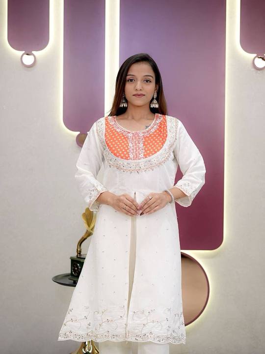 Stunning White & Orange Bandhani Printed Embroidered Kurta with Pant Set for Women