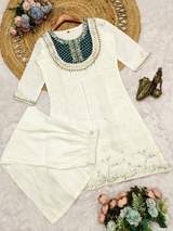 Elegant White & Teal Bandhani Embroidered Kurti with Pant Set for Women in Aqua blue – view 2