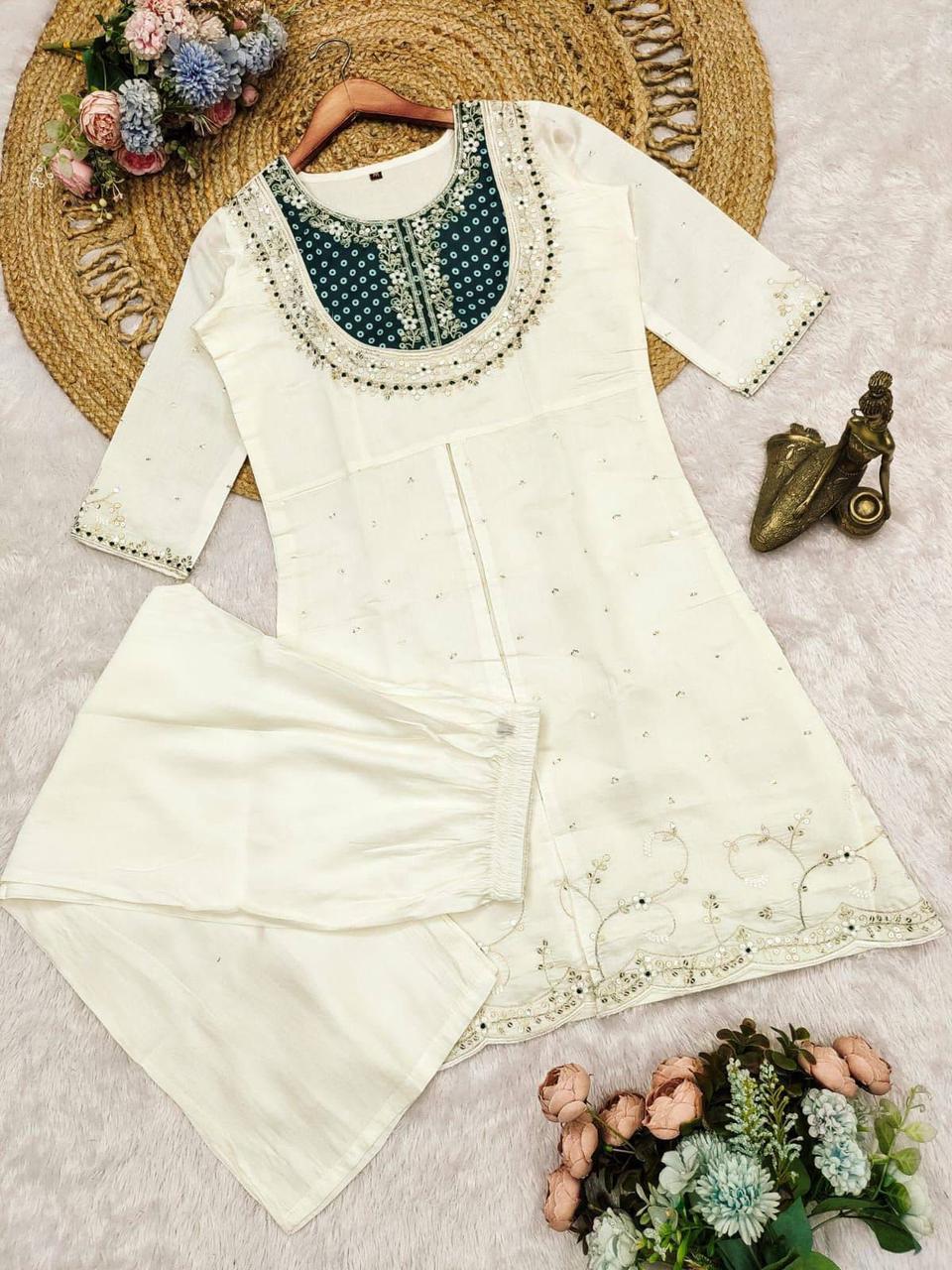 Elegant White & Teal Bandhani Embroidered Kurti with Pant Set for Women in Aqua blue – view 2