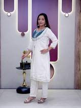 Elegant White & Teal Bandhani Embroidered Kurti with Pant Set for Women in Aqua blue – view 6