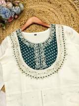 Elegant White & Teal Bandhani Embroidered Kurti with Pant Set for Women in Aqua blue – view 4