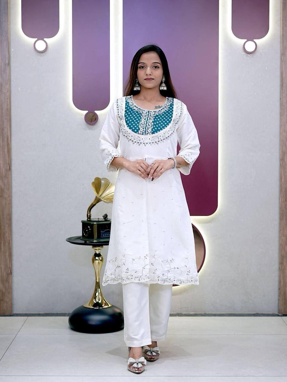 Elegant White & Teal Bandhani Embroidered Kurti with Pant Set for Women in Aqua blue