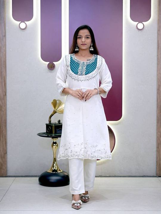 Elegant White & Teal Bandhani Embroidered Kurti with Pant Set for Women in Aqua blue
