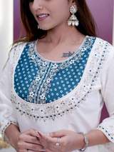 Elegant White & Teal Bandhani Embroidered Kurti with Pant Set for Women in Aqua blue – view 3