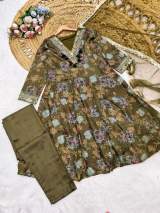 Designer Olive Green Embroidered Anarkali Kurta with Pants & Dupatta Set | Festive Wear in Mehendi – view 3