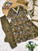 Designer Olive Green Embroidered Anarkali Kurta with Pants & Dupatta Set | Festive Wear in Mehendi – view 4