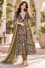 Designer Olive Green Embroidered Anarkali Kurta with Pants & Dupatta Set | Festive Wear in Mehendi