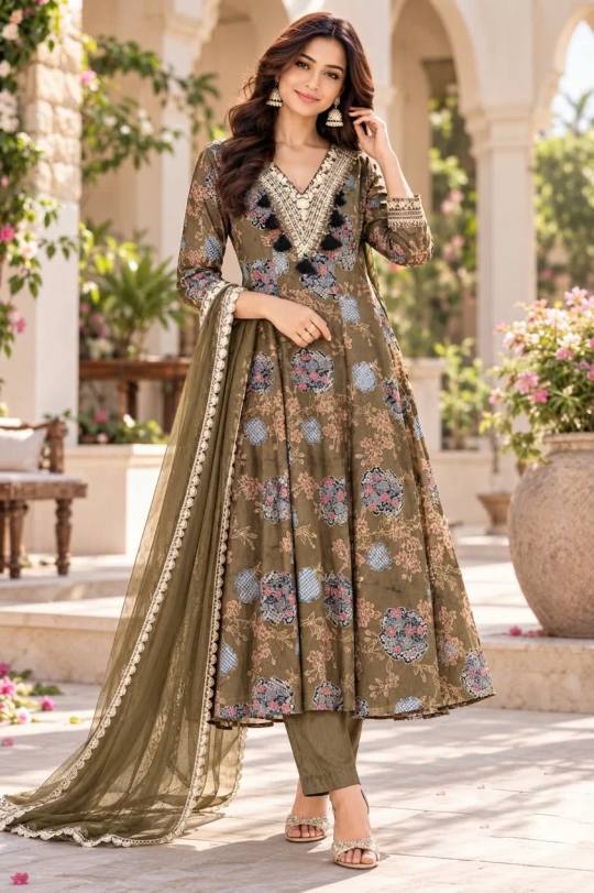 Designer Olive Green Embroidered Anarkali Kurta with Pants & Dupatta Set | Festive Wear in Mehendi