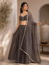 Elegant Charcoal Grey Organza Lehenga Choli with Delicate Embellishments & Dupatta in Wine