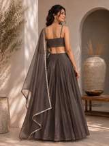 Elegant Charcoal Grey Organza Lehenga Choli with Delicate Embellishments & Dupatta in Wine – view 3