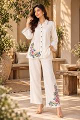 Elegant White Floral Embroidered Co-Ord Set for Women | Designer Casual Outfit