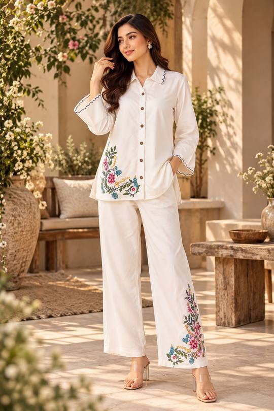 Elegant White Floral Embroidered Co-Ord Set for Women | Designer Casual Outfit