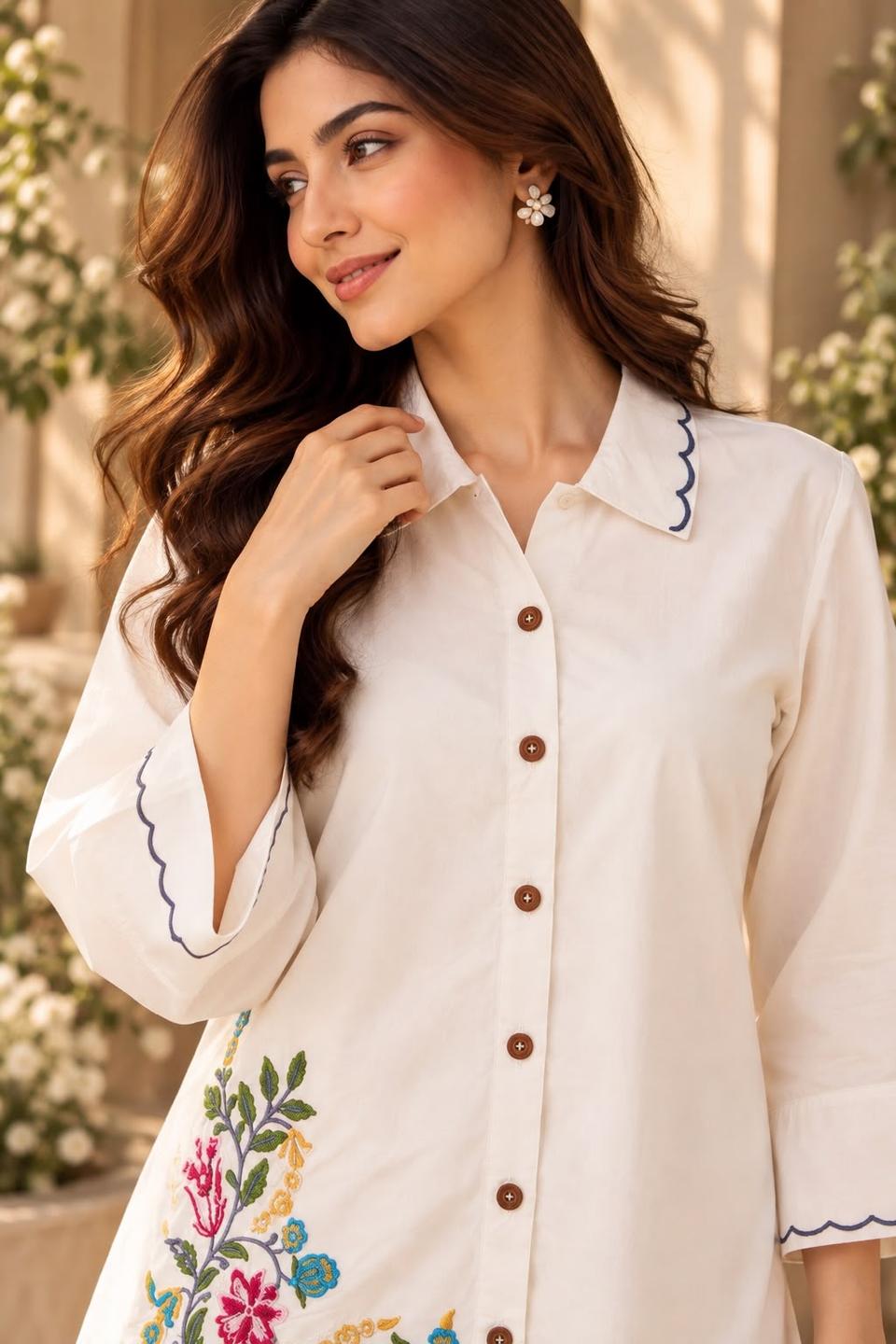 Elegant White Floral Embroidered Co-Ord Set for Women | Designer Casual Outfit – view 2
