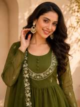 Elegant Olive Green Georgette Anarkali Suit Set with Embroidered Dupatta and Matching Pants in Mehendi – view 3