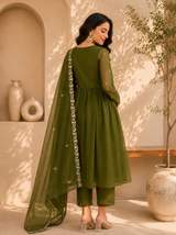 Elegant Olive Green Georgette Anarkali Suit Set with Embroidered Dupatta and Matching Pants in Mehendi – view 2