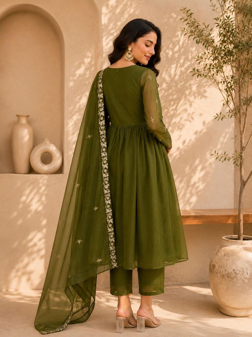 Elegant Olive Green Georgette Anarkali Suit Set with Embroidered Dupatta and Matching Pants in Mehendi – view 2