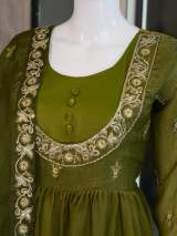 Elegant Olive Green Georgette Anarkali Suit Set with Embroidered Dupatta and Matching Pants in Mehendi – view 4