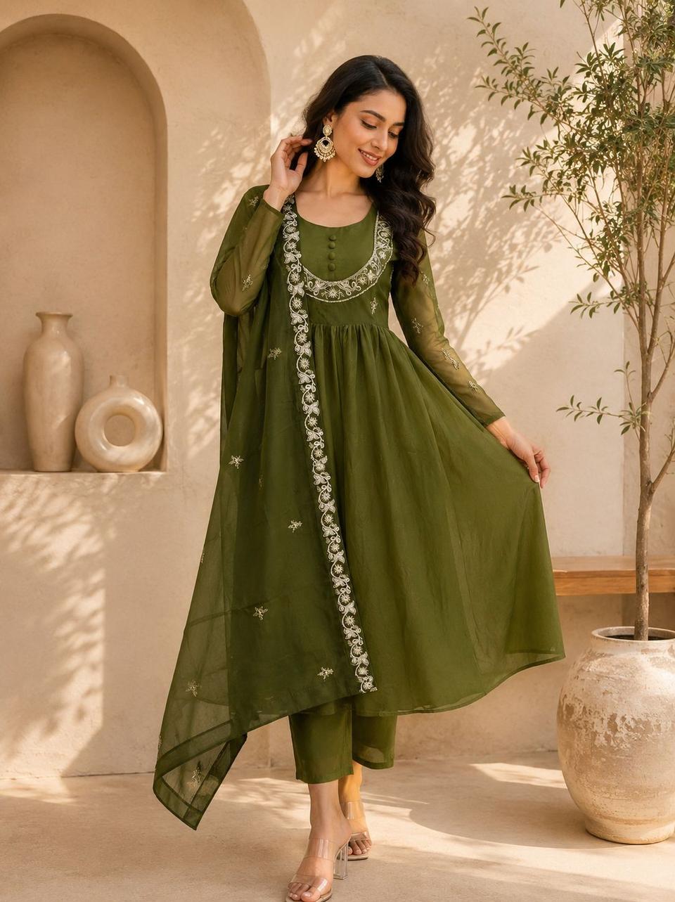 Elegant Olive Green Georgette Anarkali Suit Set with Embroidered Dupatta and Matching Pants in Mehendi