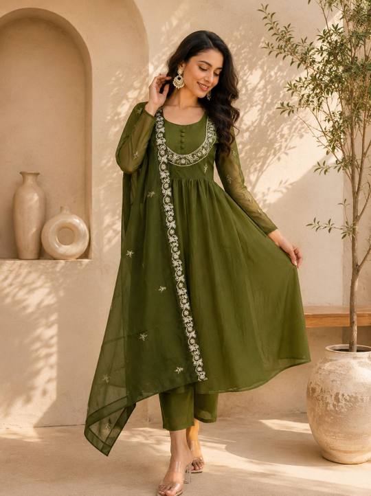 Elegant Olive Green Georgette Anarkali Suit Set with Embroidered Dupatta and Matching Pants in Mehendi