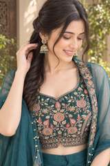 Designer Embroidered Crop Top with Draped Palazzo Pants and Sheer Cape Jacket in Aqua blue – view 5