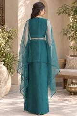 Designer Embroidered Crop Top with Draped Palazzo Pants and Sheer Cape Jacket in Aqua blue – view 6