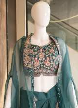 Designer Embroidered Crop Top with Draped Palazzo Pants and Sheer Cape Jacket in Aqua blue – view 4