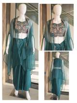 Designer Embroidered Crop Top with Draped Palazzo Pants and Sheer Cape Jacket in Aqua blue – view 7