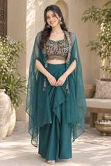 Designer Embroidered Crop Top with Draped Palazzo Pants and Sheer Cape Jacket in Aqua blue