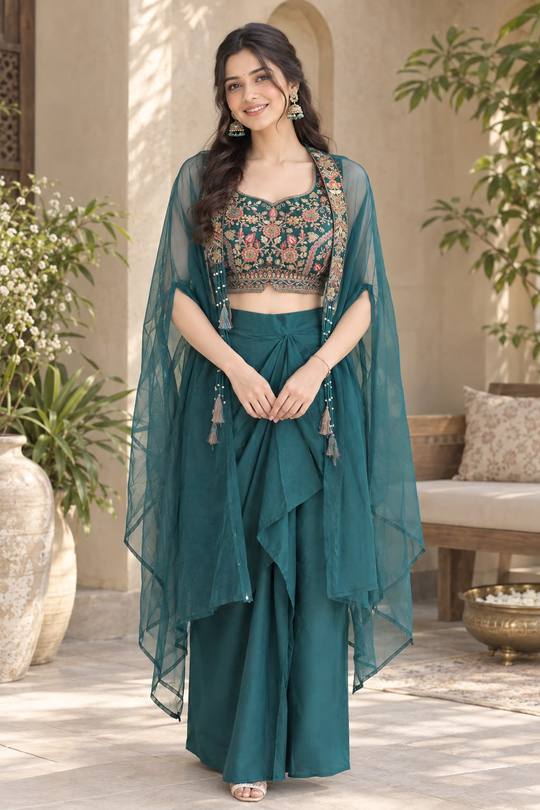 Designer Embroidered Crop Top with Draped Palazzo Pants and Sheer Cape Jacket in Aqua blue