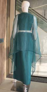 Designer Embroidered Crop Top with Draped Palazzo Pants and Sheer Cape Jacket in Aqua blue – view 3