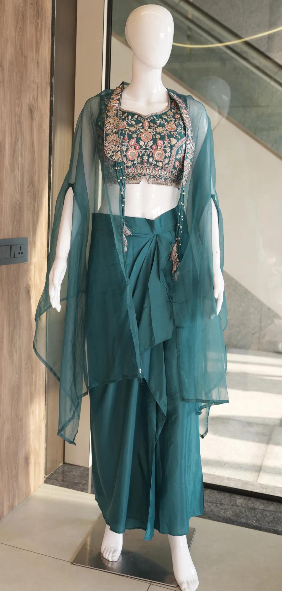 Designer Embroidered Crop Top with Draped Palazzo Pants and Sheer Cape Jacket in Aqua blue – view 2