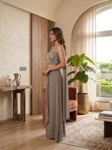 Taupe Embellished One-Shoulder Crop Top with Matching Skirt and Drape copy in Brown – view 3