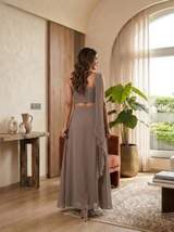 Taupe Embellished One-Shoulder Crop Top with Matching Skirt and Drape copy in Brown – view 2
