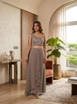 Taupe Embellished One-Shoulder Crop Top with Matching Skirt and Drape copy in Brown