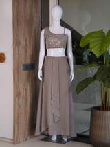 Taupe Embellished One-Shoulder Crop Top with Matching Skirt and Drape copy in Brown – view 5