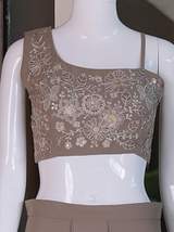Taupe Embellished One-Shoulder Crop Top with Matching Skirt and Drape copy in Brown – view 4