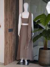 Taupe Embellished One-Shoulder Crop Top with Matching Skirt and Drape copy in Brown – view 6
