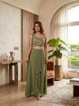 Olive Green Embroidered Crop Top with Skirt & Attached Drape Set in Mehendi