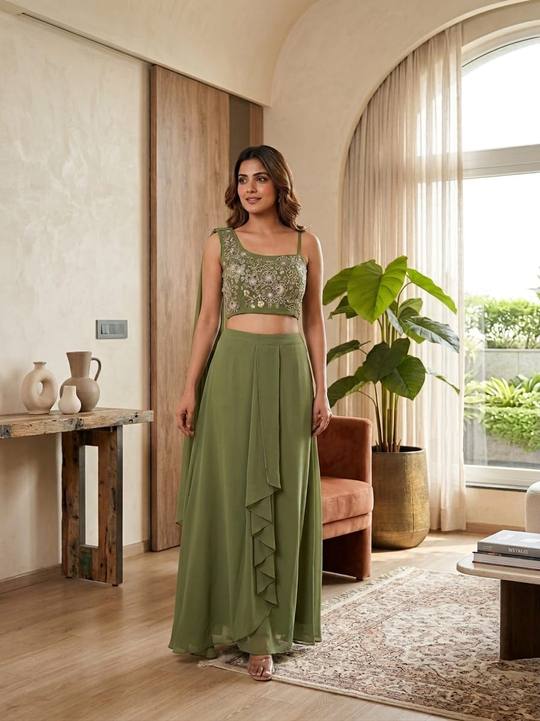 Olive Green Embroidered Crop Top with Skirt & Attached Drape Set in Mehendi