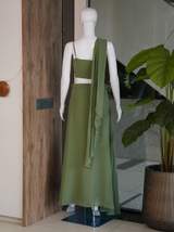 Olive Green Embroidered Crop Top with Skirt & Attached Drape Set in Mehendi – view 5