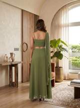 Olive Green Embroidered Crop Top with Skirt & Attached Drape Set in Mehendi – view 2