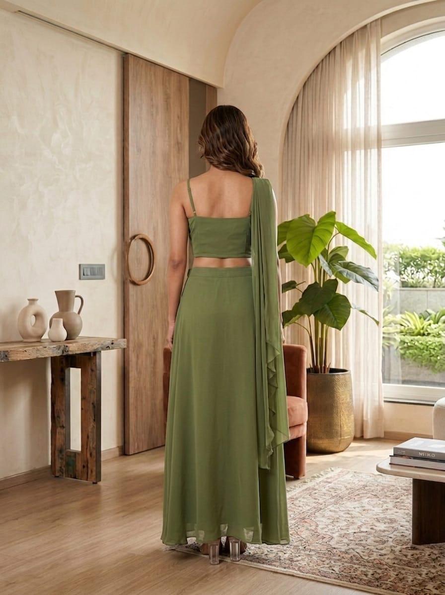 Olive Green Embroidered Crop Top with Skirt & Attached Drape Set in Mehendi – view 2