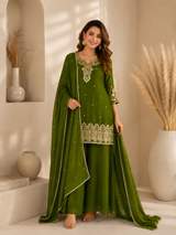 Rust Brown Embroidered Chanderi Kurta with Sharara and Dupatta Set in Mehendi – view 2